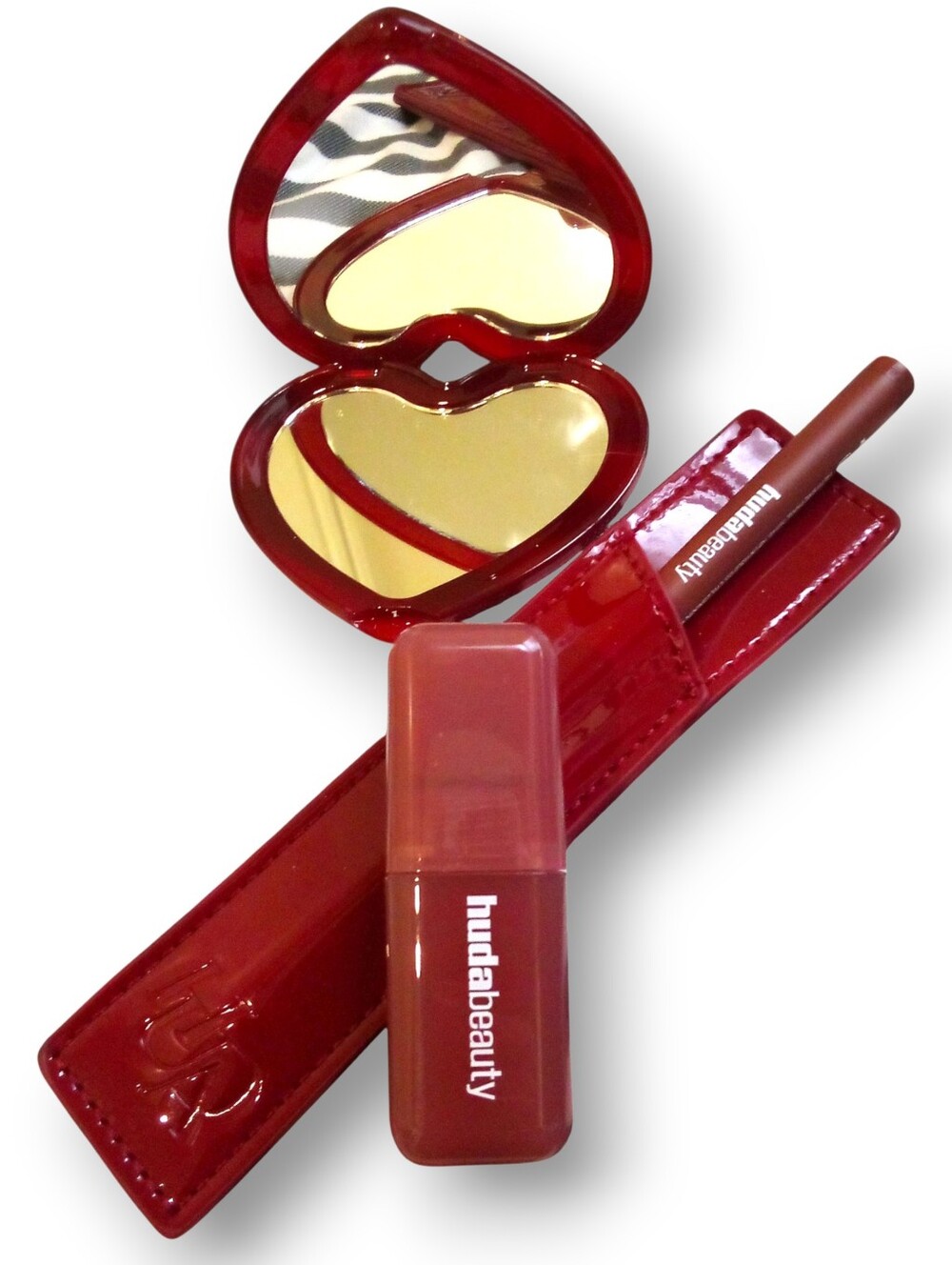 HUDA BEAUTY Strawberry Latte Collection Lip/Blush Set + Heart Mirror NEW - Picture 2 of 16